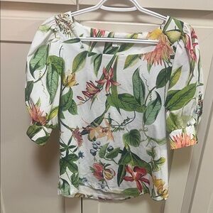 Chico's Green Floral Puff Sleeve Blouse, Chico’s Size 1, Size Medium